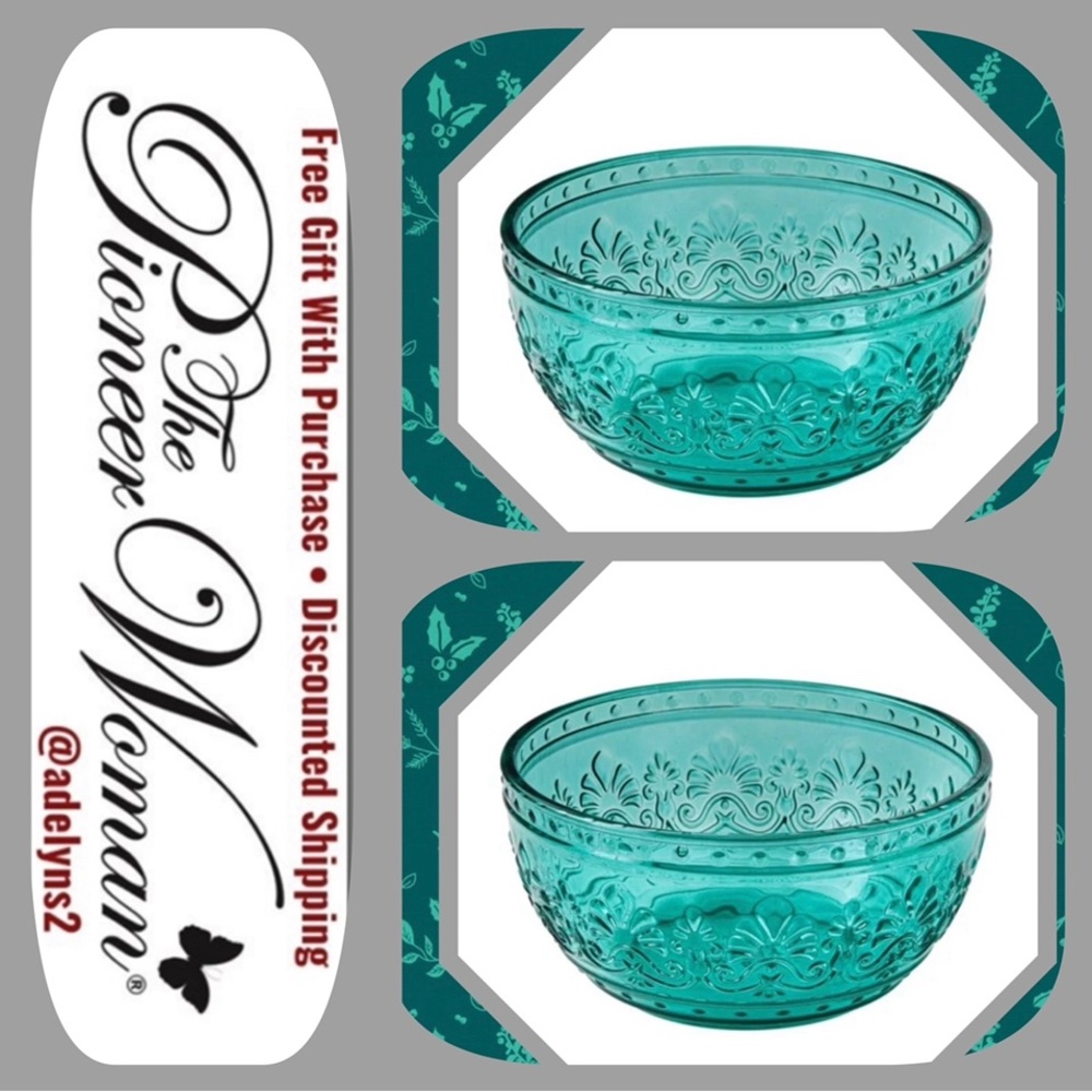 🌺 New Pioneer Woman Cassie Teal Blue Embossed Glass Bowls, Qty 2 - Picture 2 of 5